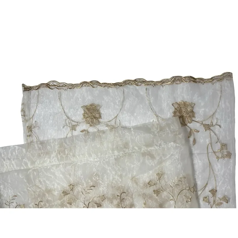 Single Embroidered Gossamer Net Curtain Panel w/ Attached Valance Gold Ivory